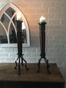 Candle holder / candle stand set, made of wrought iron and wood, robust!