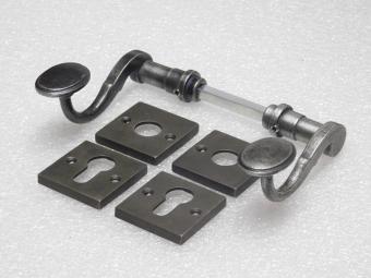 Hamilton Handle Set + Square Handle and Lock Rosettes - Galvanised Cast Iron