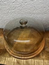 Forse glazen vintage stolp op houten plateau  - alu voet - diameter 36 cm