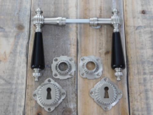 Set of retro door hardware - nickel - with black porcelain handles