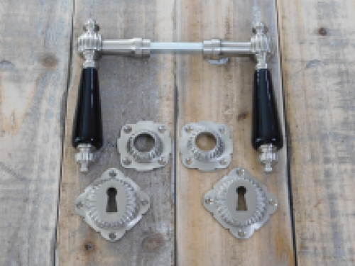 Set of retro door hardware - nickel - with black porcelain handles