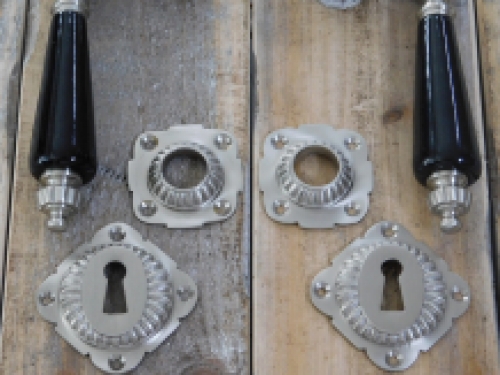 Set of retro door hardware - nickel - with black porcelain handles