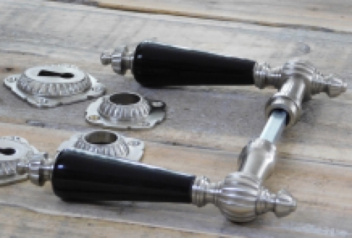 Set of retro door hardware - nickel - with black porcelain handles
