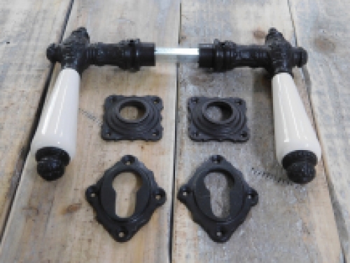 Set Deurkrukken met handvat keramische in antiek wit, 2 knoppen, rozetten, 2-kasteel rozetten PZ, deur, ijzer