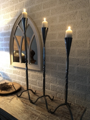 Set of 3 beautiful wrought iron candlesticks, 1 arm, beautiful ornate ironwork!