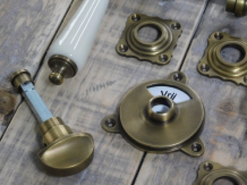 Brass door hardware, door lock for guest bathroom with porcelain handle - antique look.