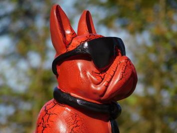 Französische Bulldogge mit Sonnenbrille und Krawatte – Rot/Schwarz – Polystone – 35 cm