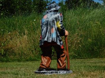 Skulptur „Alter Mann mit Spazierstock und Trinkflasche“ – 90 cm – Polystone