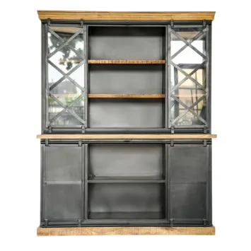 Prachtige industriële wandkast, koloniaal hout met metalen afwerking