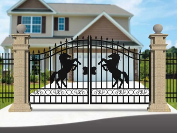 Smeedijzeren Poort met Steigerend Paard - 433 cm - Zwart