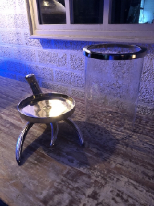 Windlicht glas op nikkelen gewei hert, zeer apart!!
