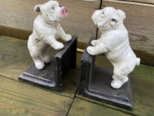 Cast iron bookend set with lacquered bull terrier dogs.