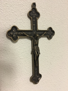 Jesus on the cross, patinated brass INRI.