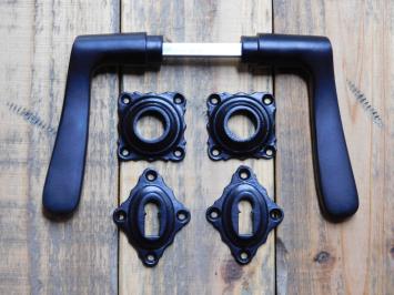 Set of Door Handles with Square Backplates and BB Lock Cylinder Backplates - Black