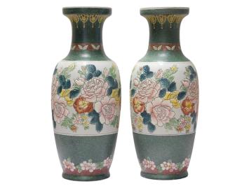 2er-Set großer Vintage Asiatischer Ziervasen mit Blumenmuster – ca. 60 cm – Keramik