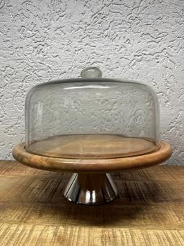 Sturdy vintage glass dome on wooden tray - alu base - diameter 36 cm