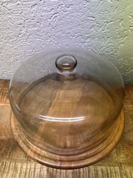 Sturdy vintage glass dome on wooden tray - alu base - diameter 36 cm