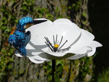 Garden Stick Flower with Kingfisher - Metal - White Garden Flower