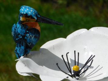 Garden Stick Flower with Kingfisher - Metal - White Garden Flower
