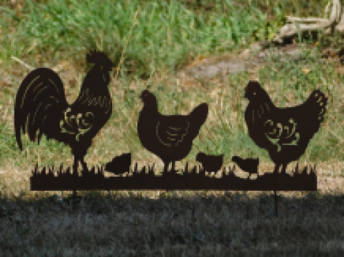 Gartenstab - Hahn, Henne und Küken - Metall in Rostfarbe