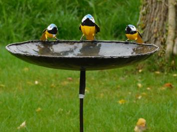 Vogeltränke mit 3 gelben Vögeln - Gartenstab - Metall