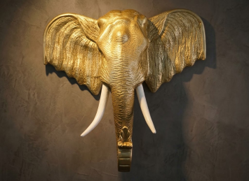 Elefantenkopf-Wandornament XXL - 105 cm - Hellgold - Polystone